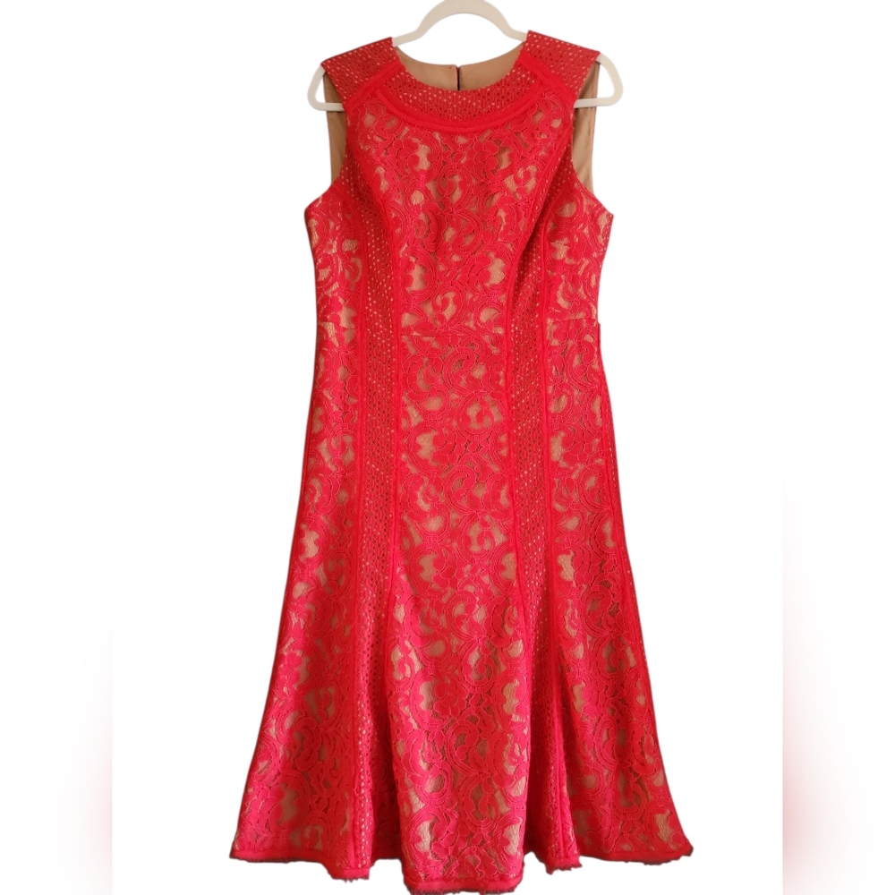 BCBGMaxazria Red Avril Floral Lace Open Back Sleeveless A-line Shift Dress Sz 12